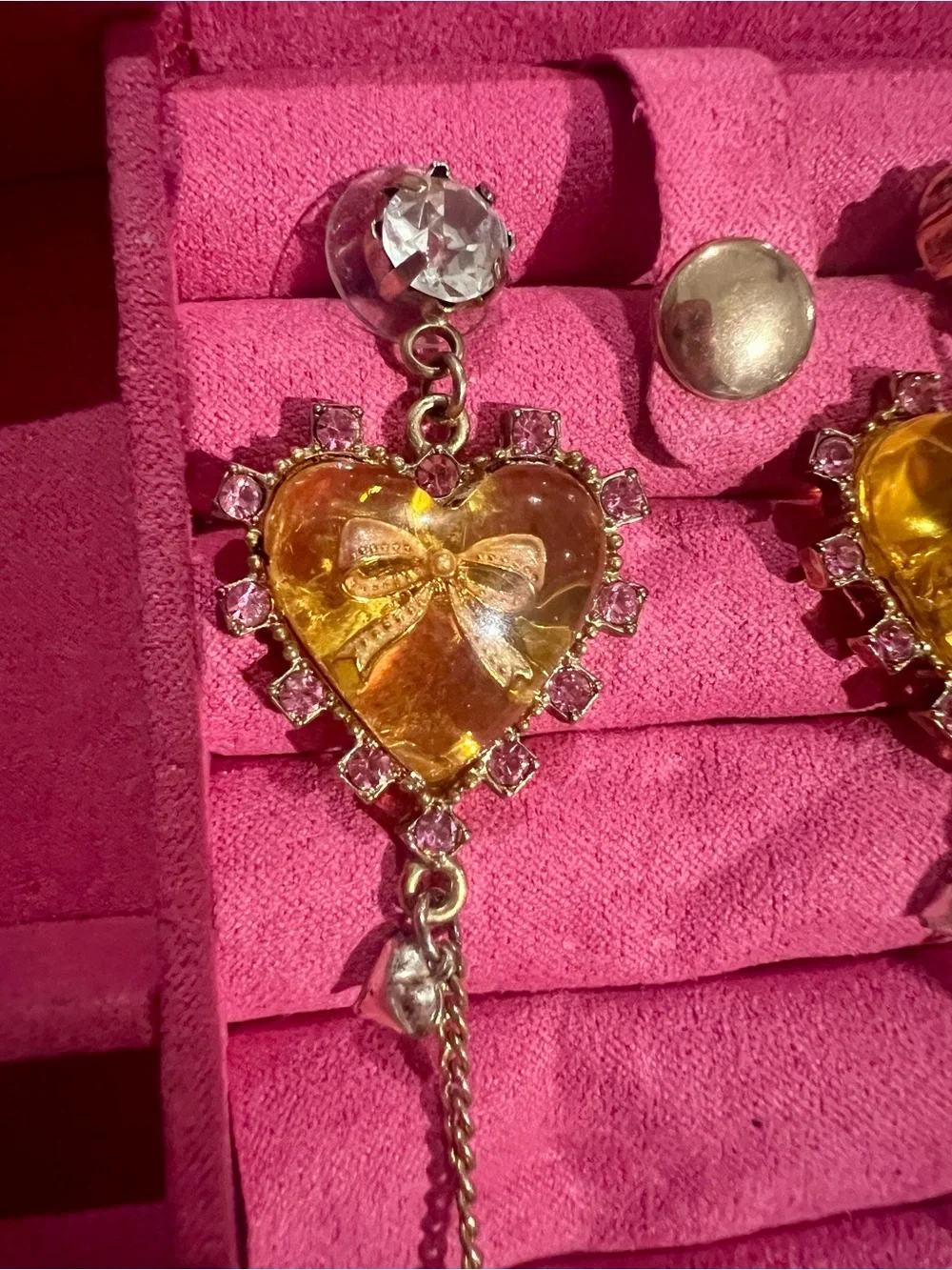 Vintage betsey  Johnson earrings  heart lucite  Drop Earrings with Amber Crystal